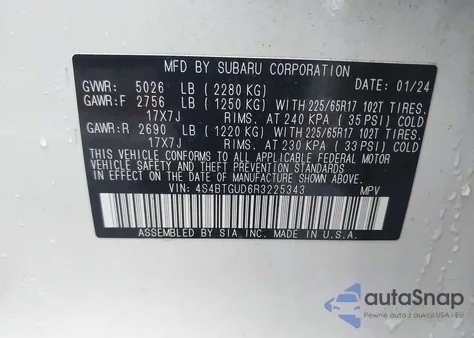 2024 Subaru Outback Wilderness z USA, uszkodzony, nr VIN 4S4BTGUD6R3225343